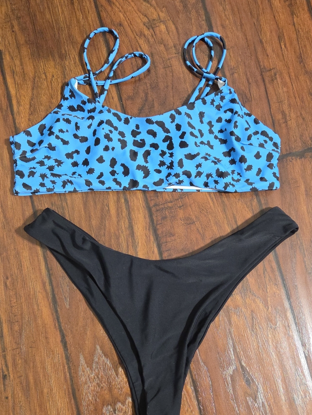 SHEIN Blue Animal-Print Bikini Top with Black Bottoms